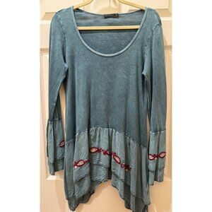 T Party Womens Blue Long Sleeve Boho Tunic Top With Embroidered Hem & Bell Sleev